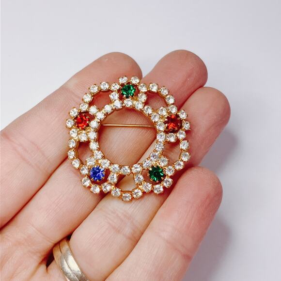 Vintage 50s 60s Mid Century Rhinestone Rosette Circle Brooch Gold Tone Sparkling - Picture 3 of 10